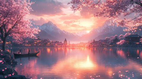 湖畔渔村黄昏景