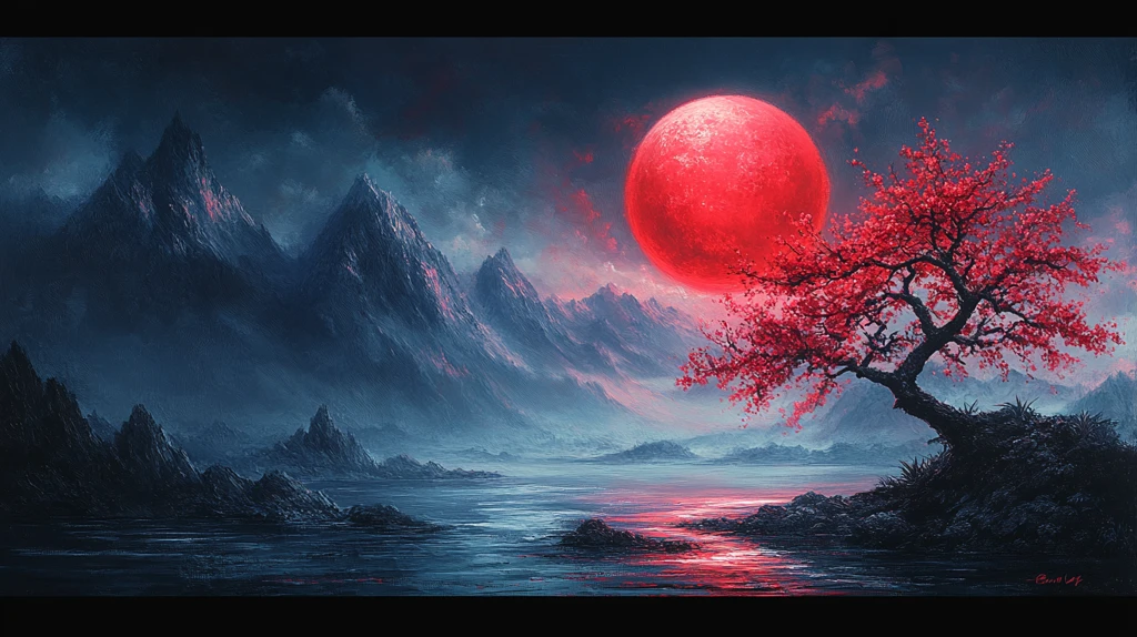 樱花古树与红月