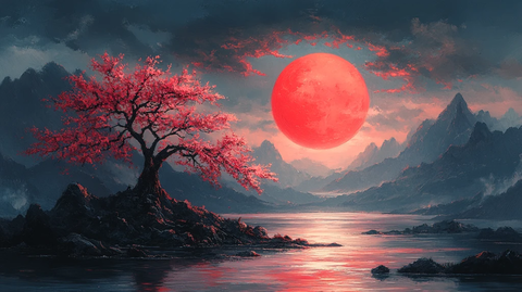 樱树明月山水图