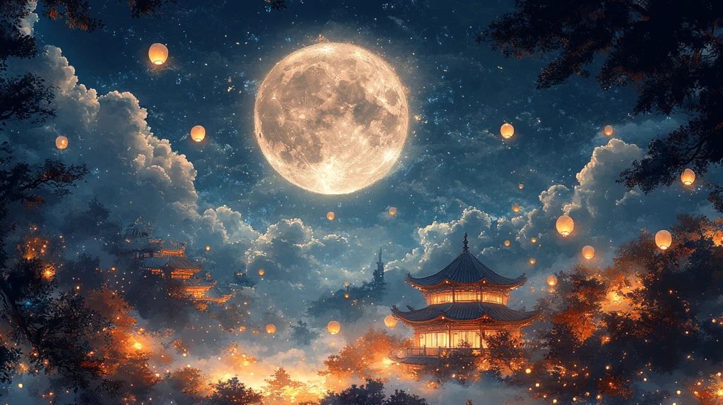 月下桂花灯火云