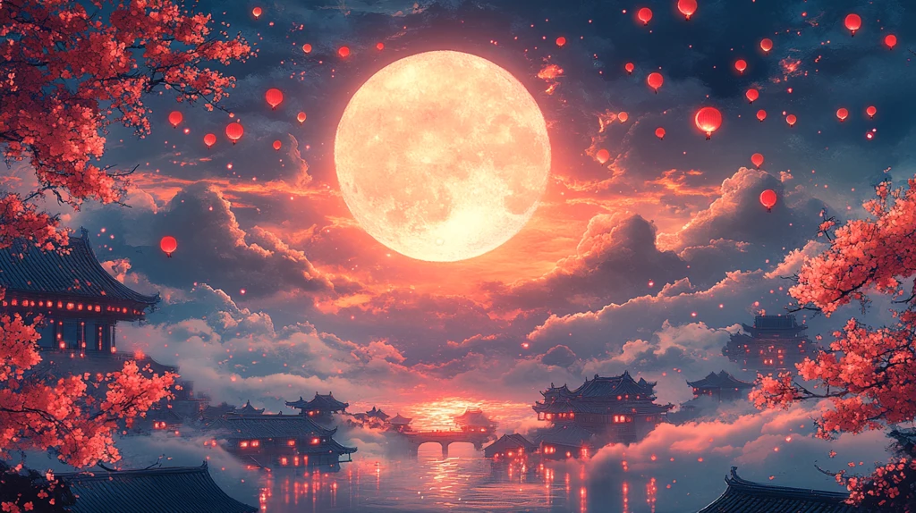 月下桂花灯火云