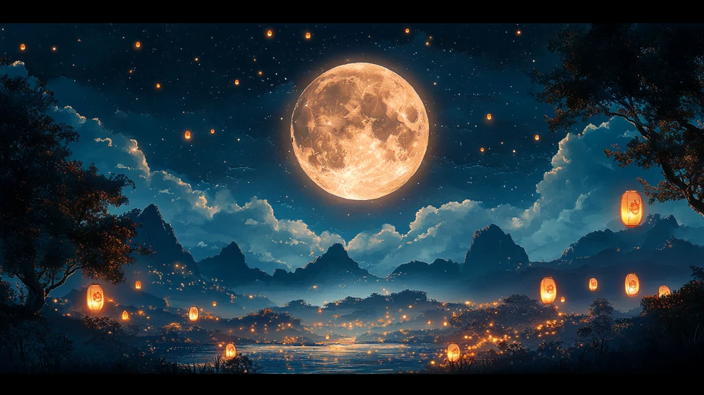 月下桂花灯火云