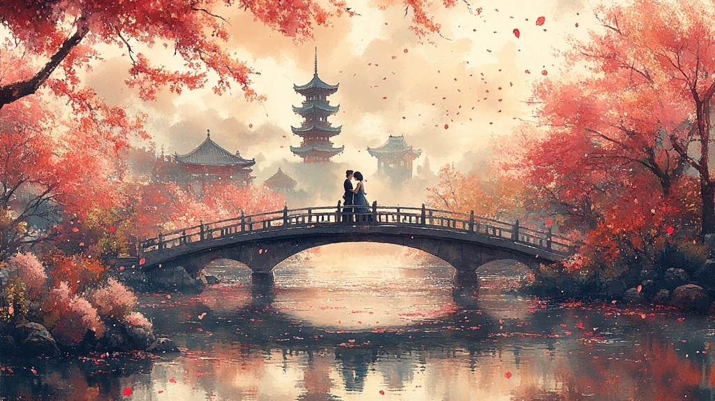 樱花桥上情侣相拥