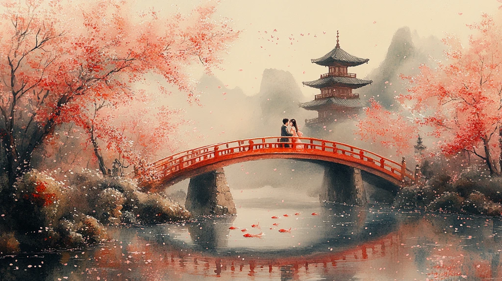 樱花桥上情侣相拥