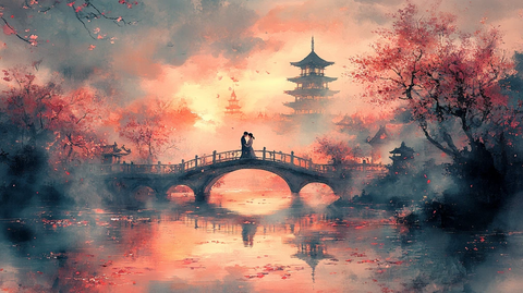 樱花桥上情侣相拥