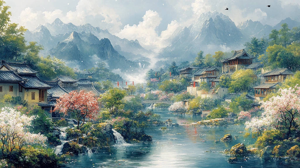 春水桃花绕村图