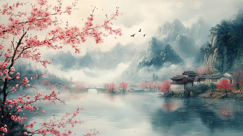 春水桃花绕村图