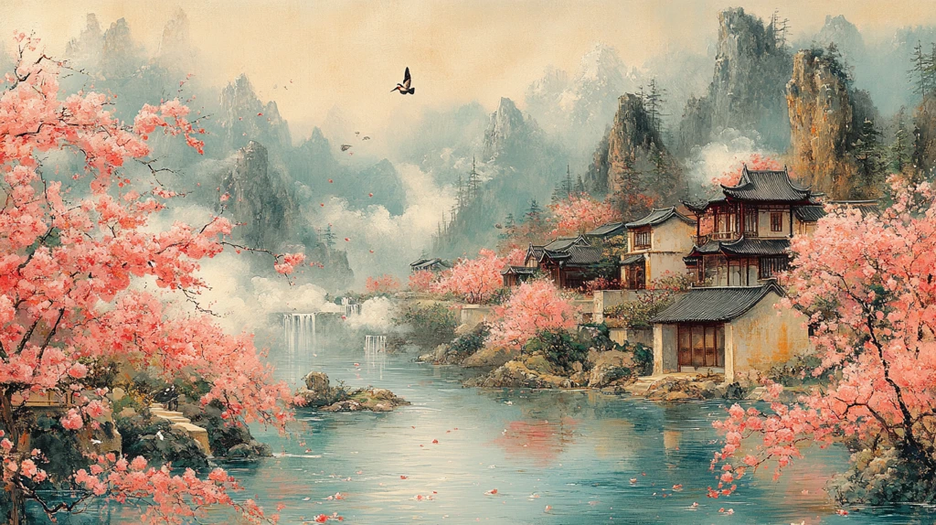 春水桃花绕村景