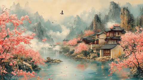 春水桃花绕村景