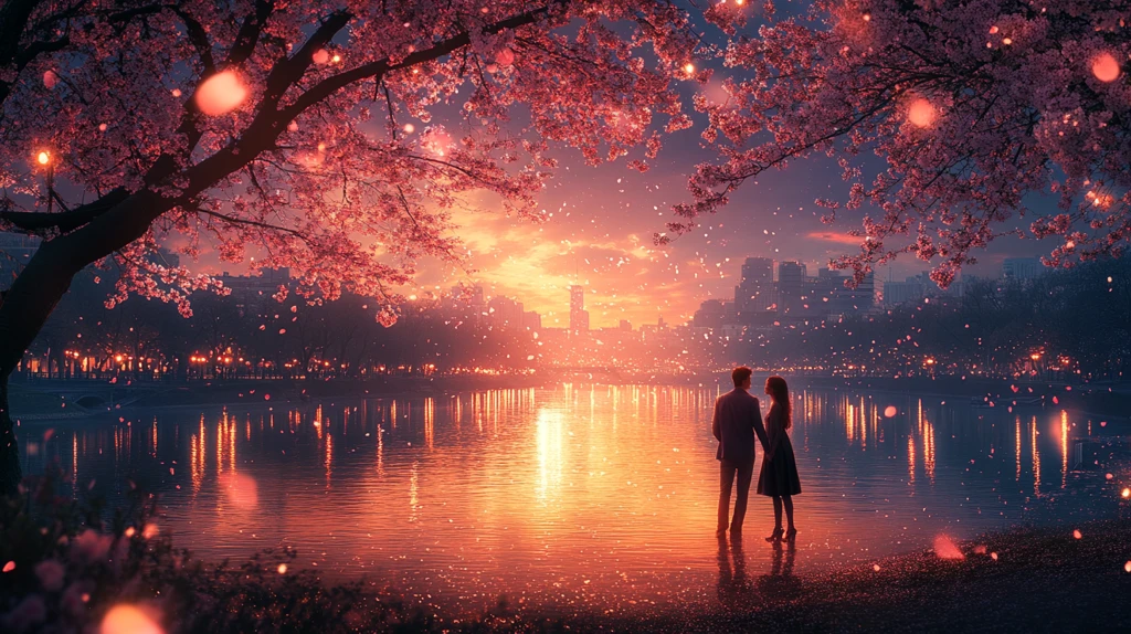 星夜樱花下情侣