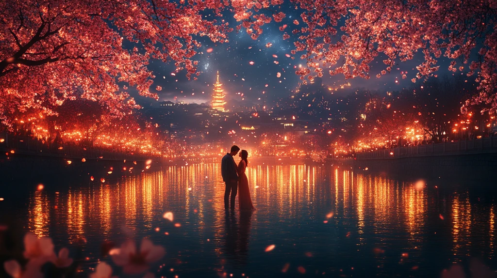 星夜樱花下情侣