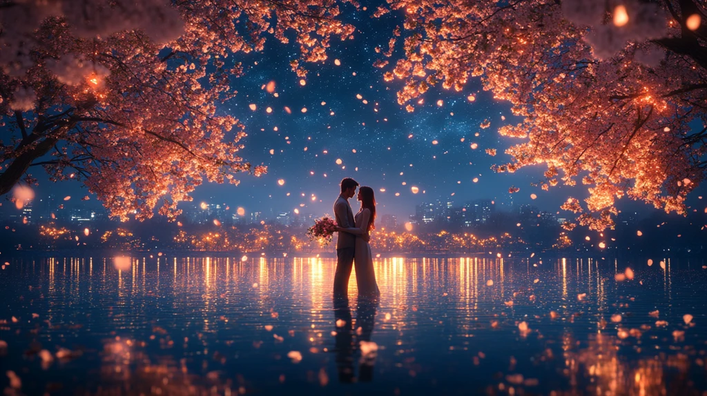 星夜樱花下情侣