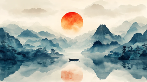 山水云间小舟行