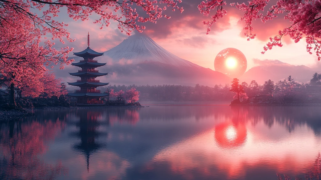 樱花富士山倒影