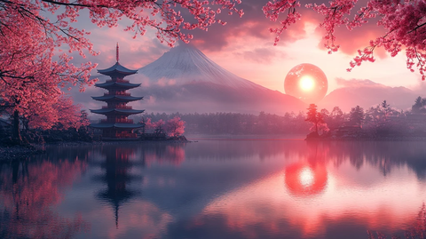 樱花富士山倒影