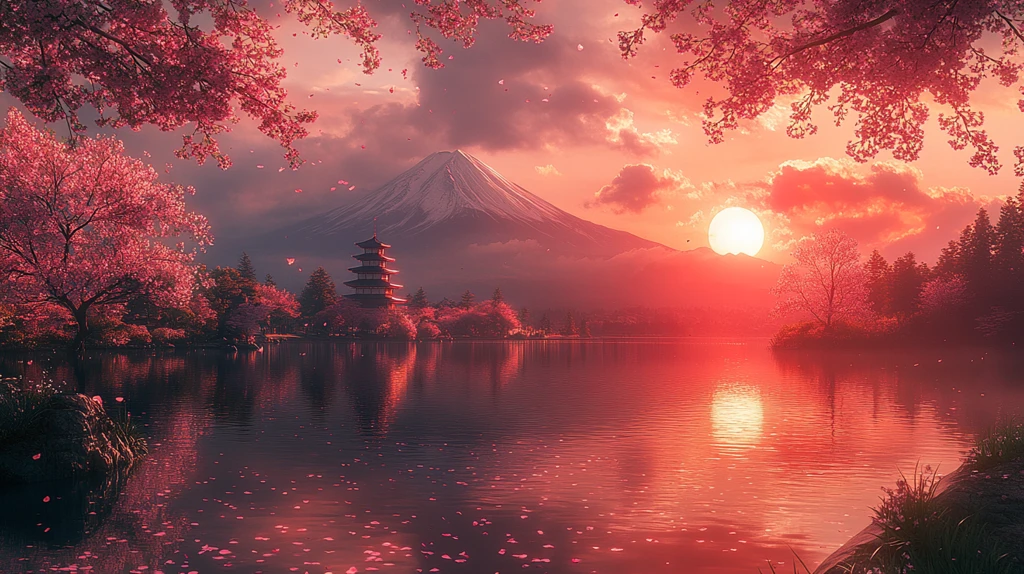 樱花富士山倒影