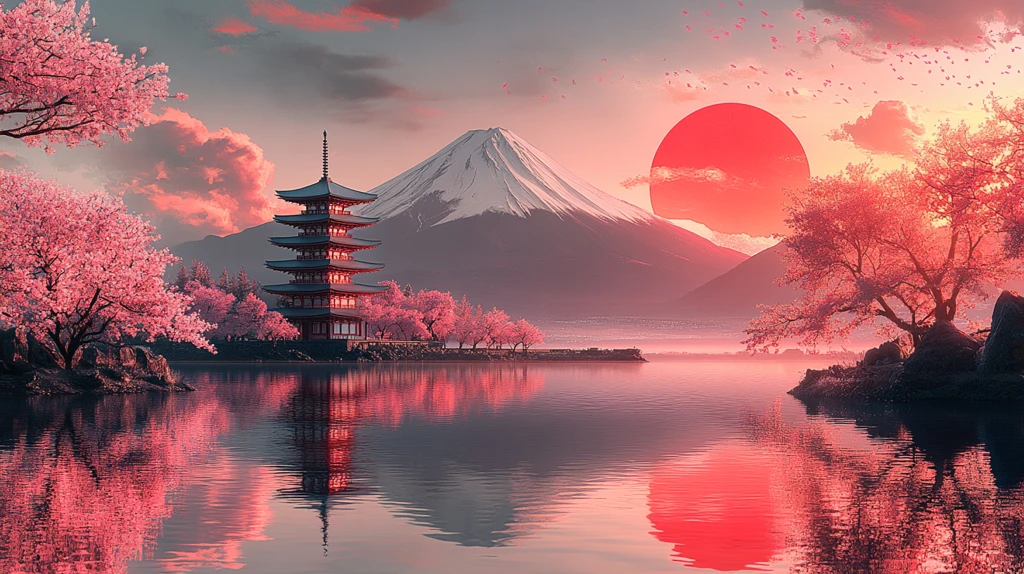 樱花富士山倒影