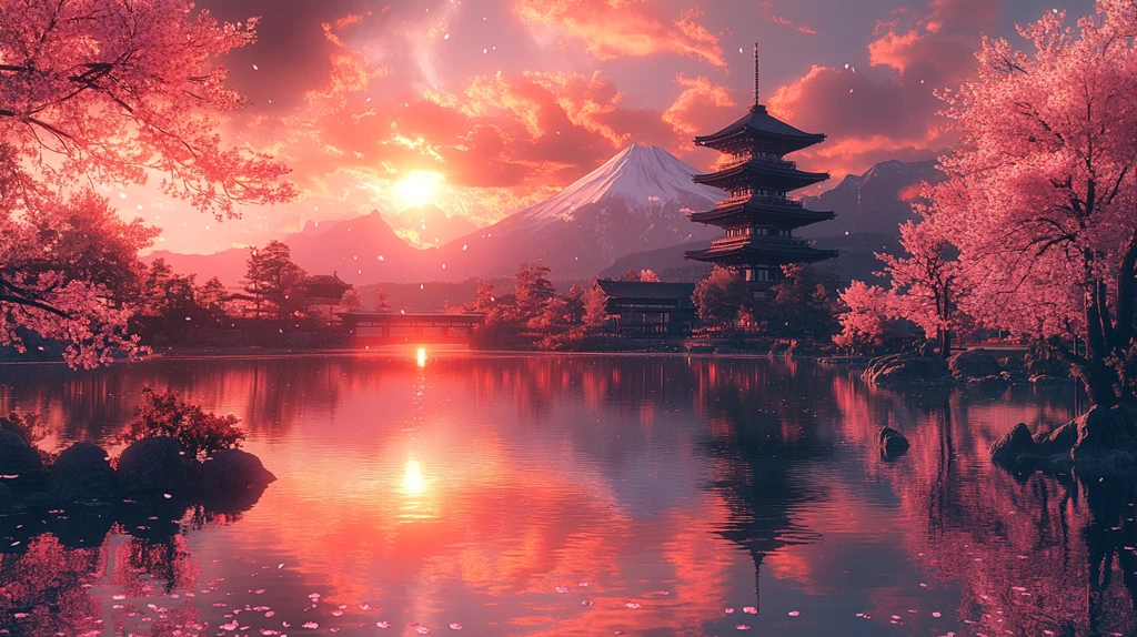 樱花富士山倒影