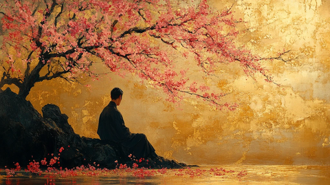 樱花树下静坐图