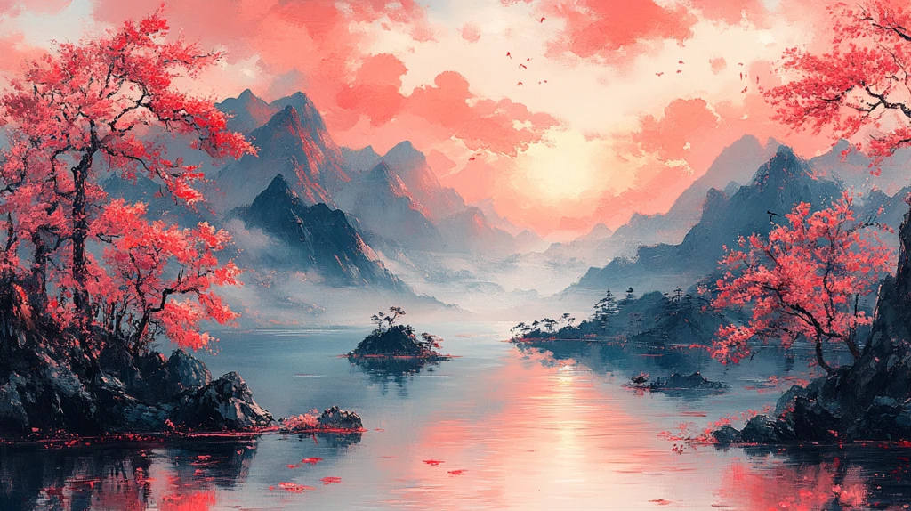 粉色山水树木鱼池