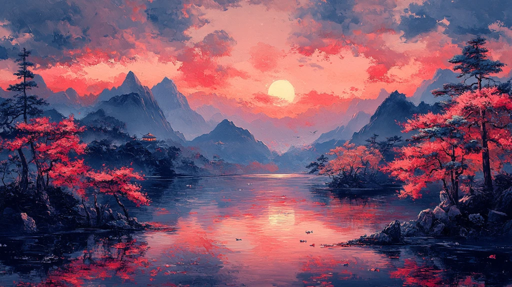 粉色山峦与日式园林