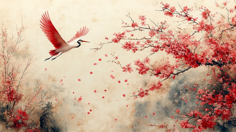 樱花仙鹤飞天图
