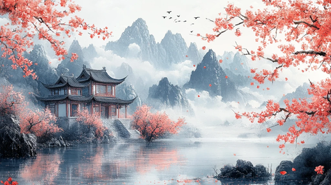 山水飞鹭桃花流水