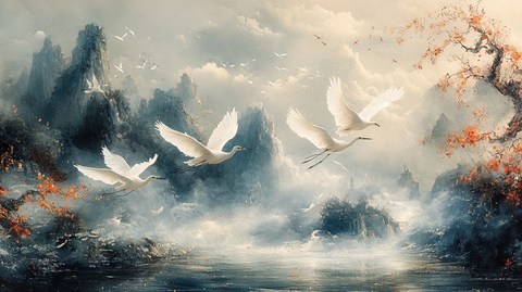 山水飞鹭桃花鱼