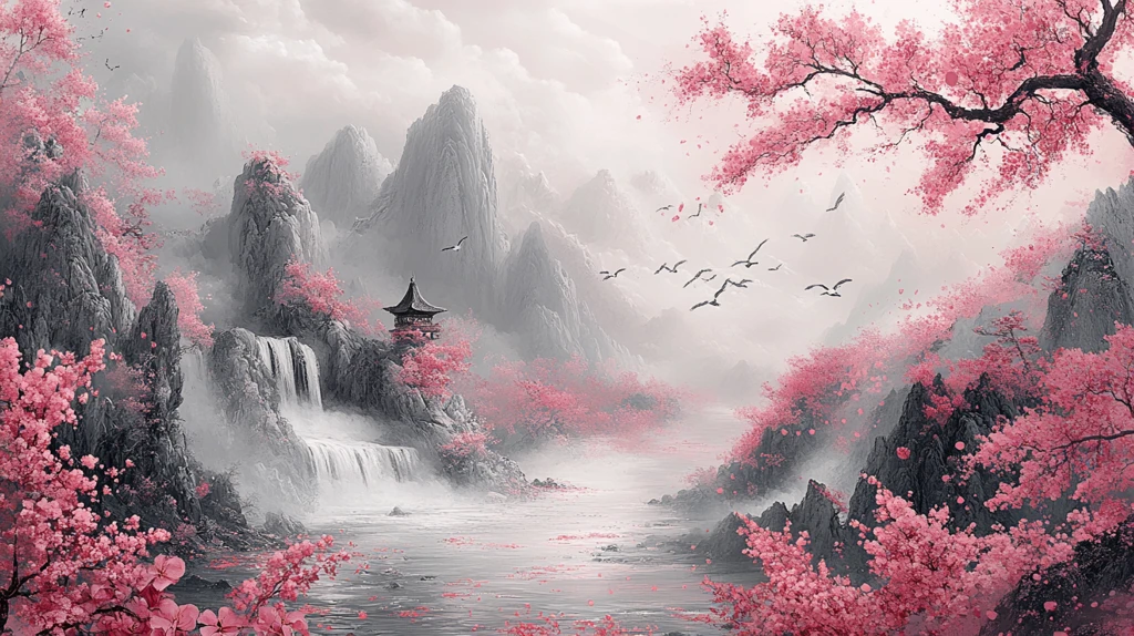 山水飞鹭桃花鱼