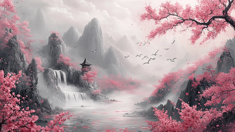 山水飞鹭桃花鱼