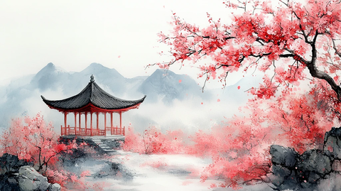 桃花园与中式亭