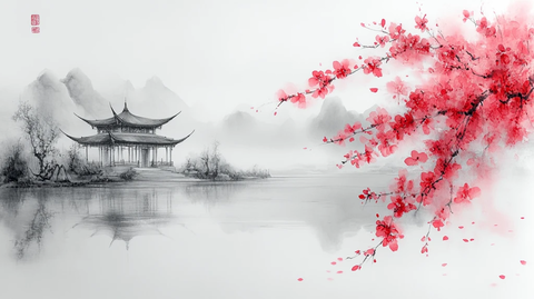 桃花园与中式亭