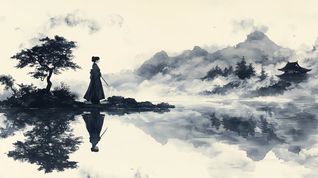 武士少女湖畔图