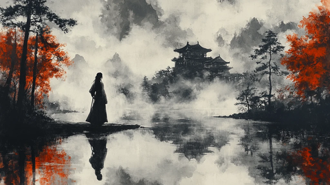 武士少女湖畔图