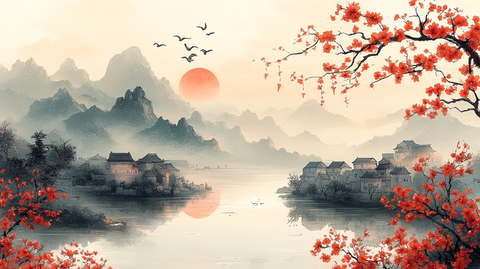 鸟语花香村景图