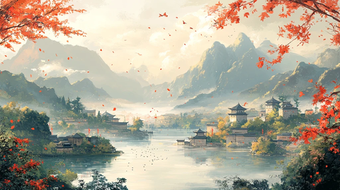 鸟语花香村景图