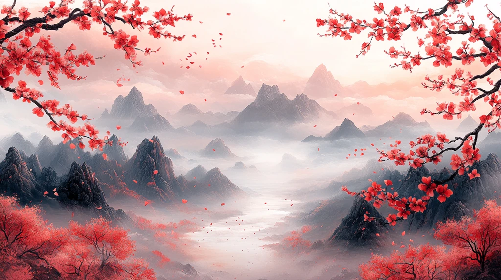 桃枝山河云墨图