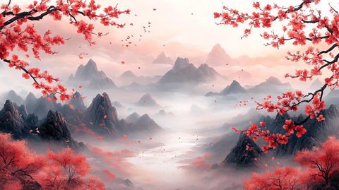 桃枝山河云墨图