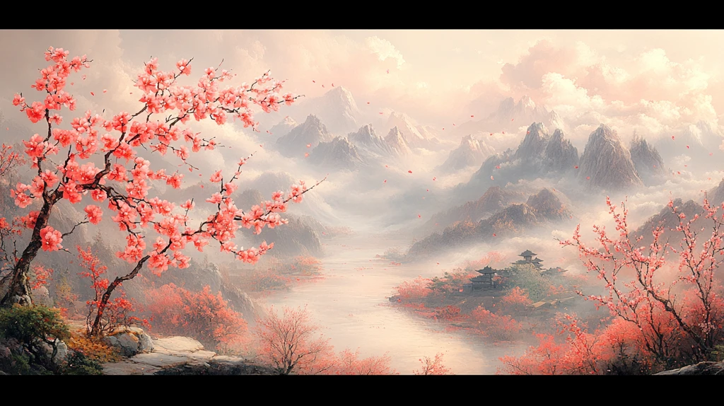 桃枝桃花山水云