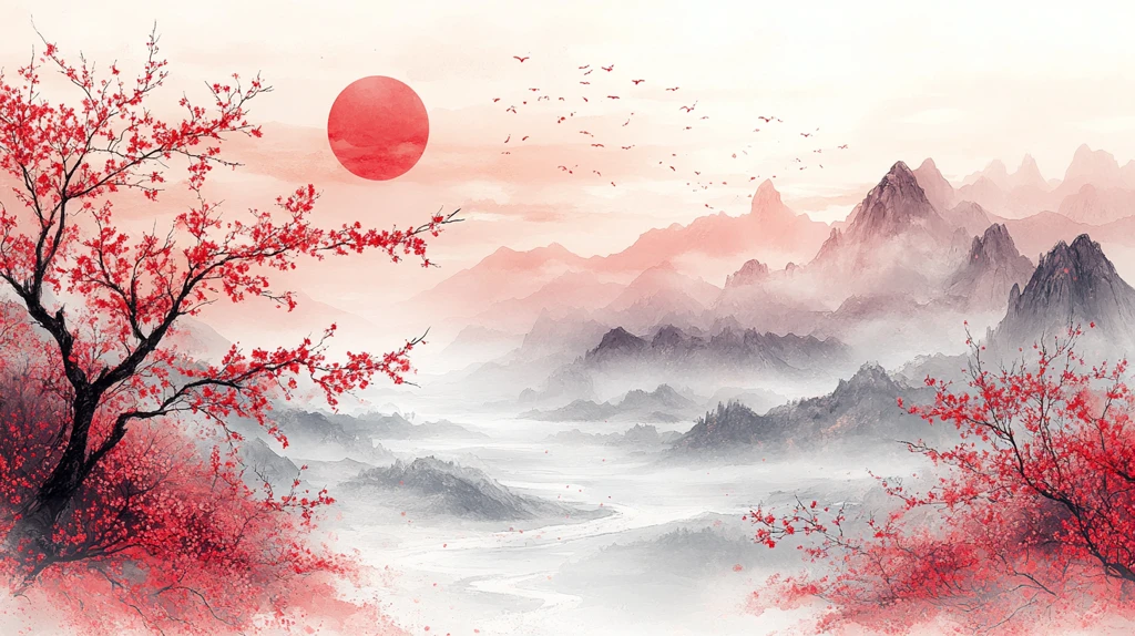 桃枝桃林山水云墨