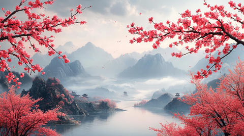 桃枝山河云墨图