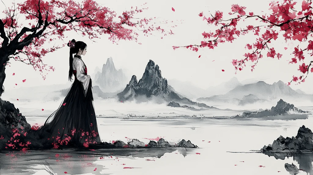 桃花树下的女子