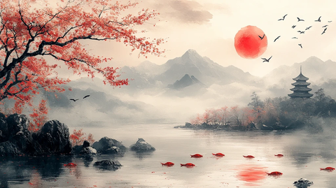 樱花鲤鱼富士山