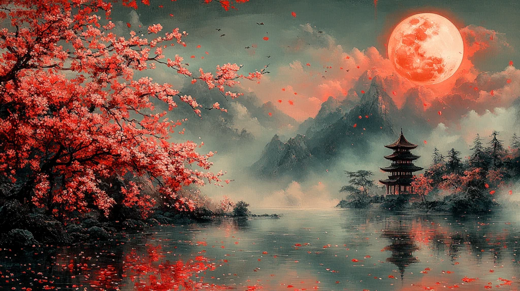 樱花湖畔塔影月