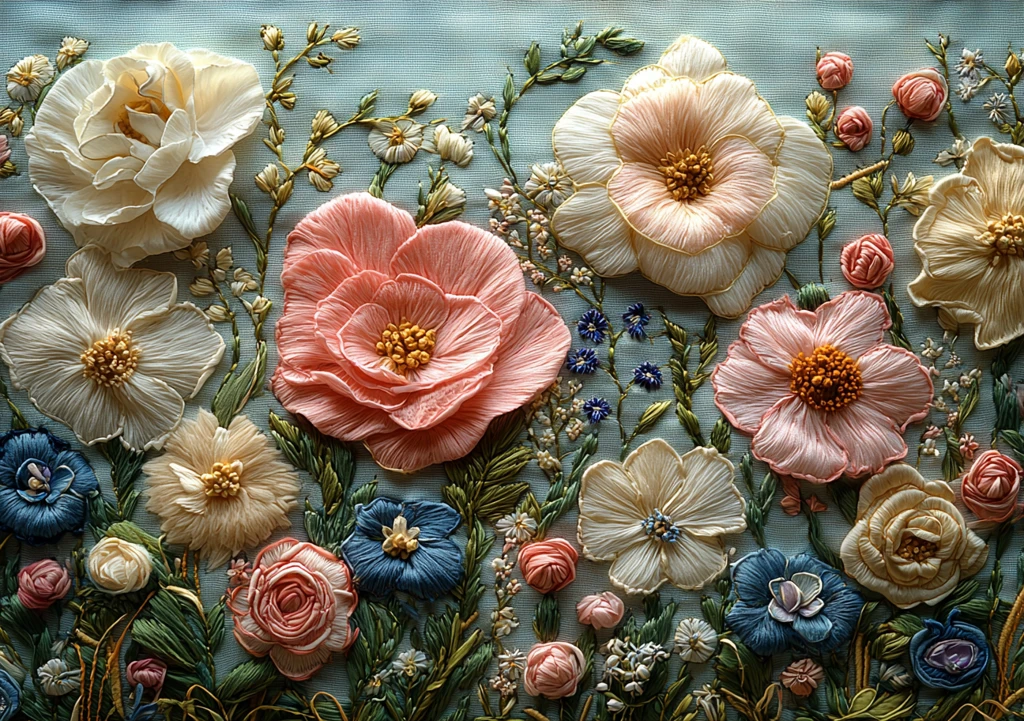 粉色花卉刺绣图案