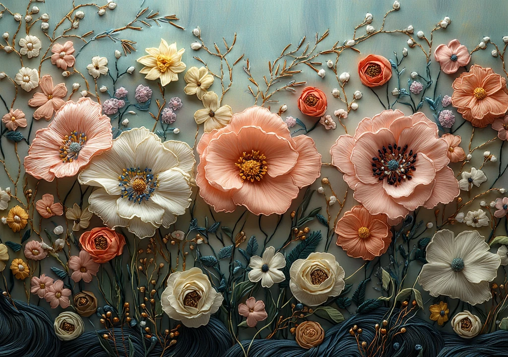 粉色花卉刺绣图案