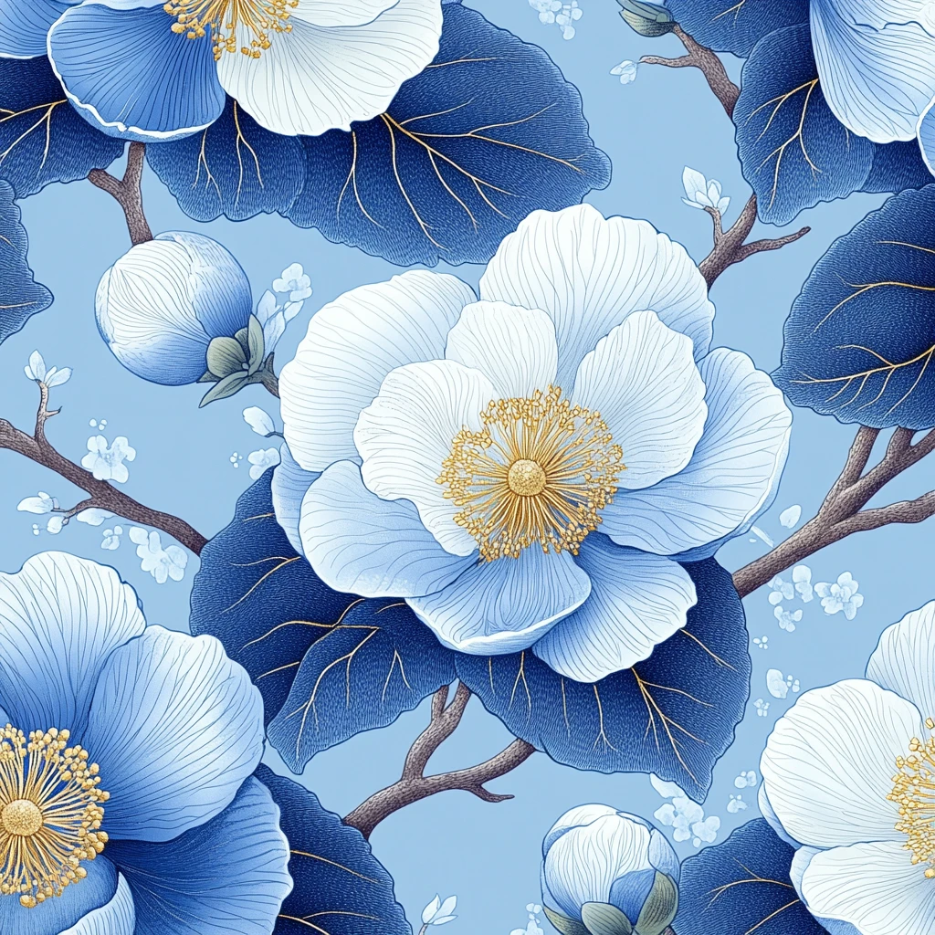 蓝白山茶花图案