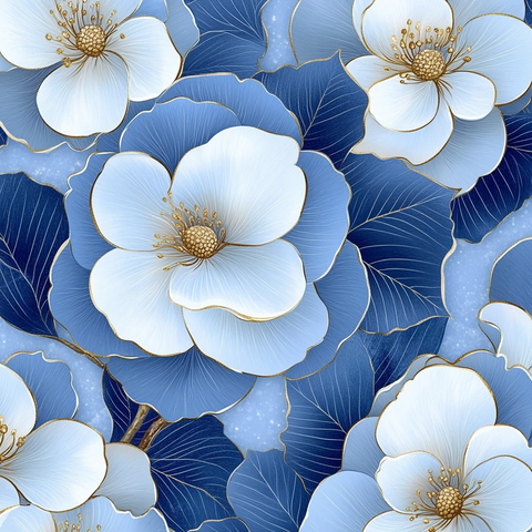 蓝白山茶花图案