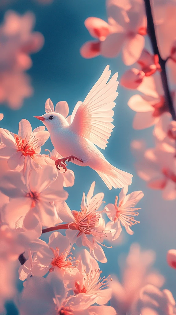鸟儿飞花绽放
