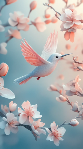 鸟儿飞花绽放